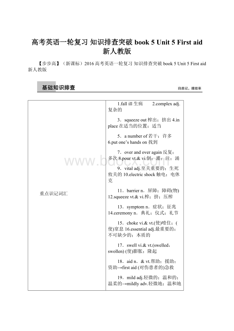 高考英语一轮复习 知识排查突破 book 5 Unit 5 First aid 新人教版.docx_第1页