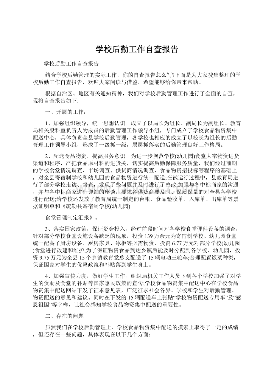 学校后勤工作自查报告Word格式.docx