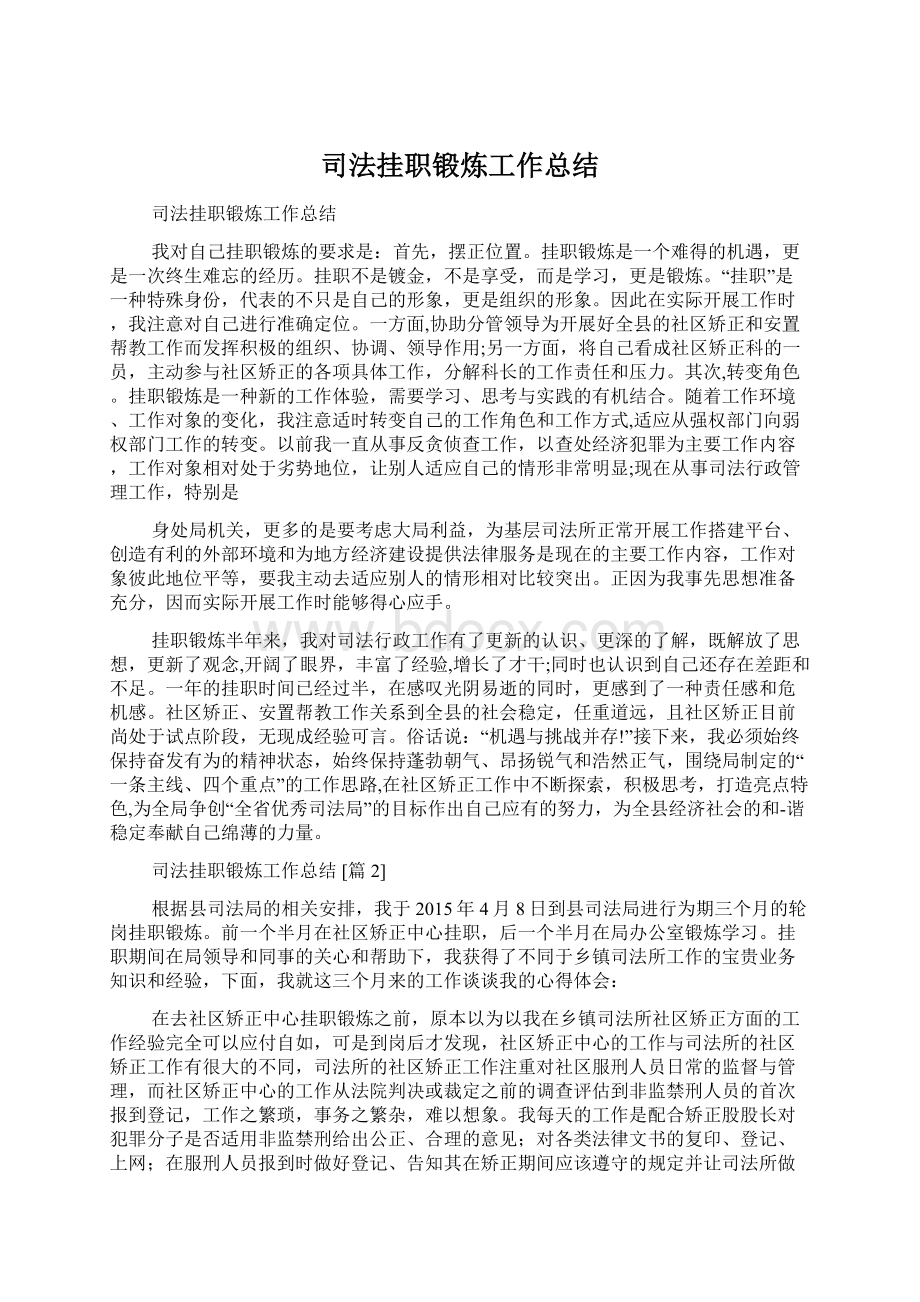 司法挂职锻炼工作总结Word文件下载.docx