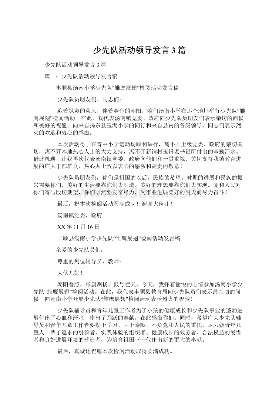 少先队活动领导发言3篇Word格式文档下载.docx_第1页