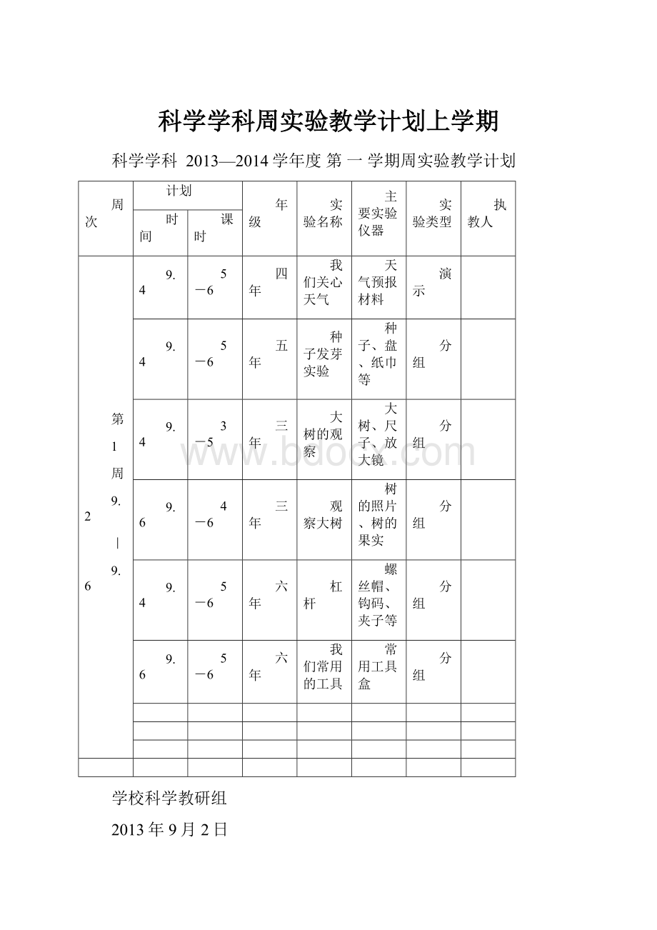 科学学科周实验教学计划上学期.docx