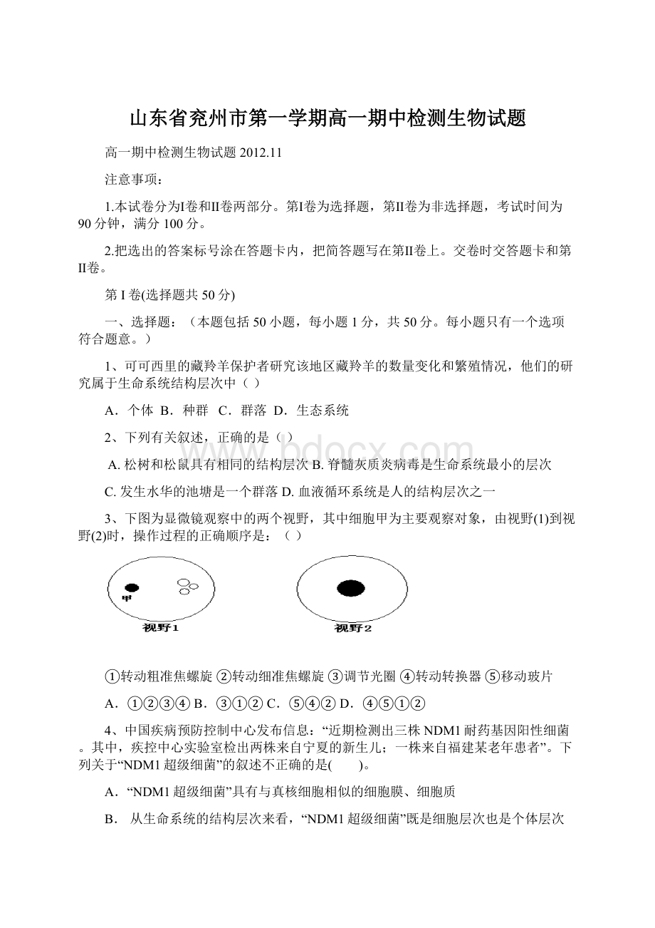 山东省兖州市第一学期高一期中检测生物试题Word下载.docx