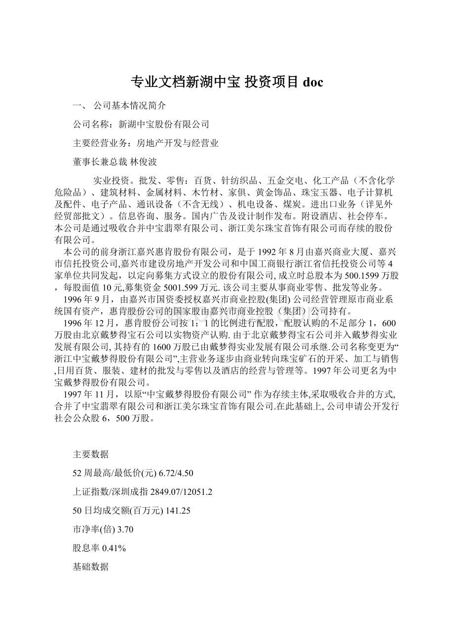 专业文档新湖中宝 投资项目doc.docx_第1页