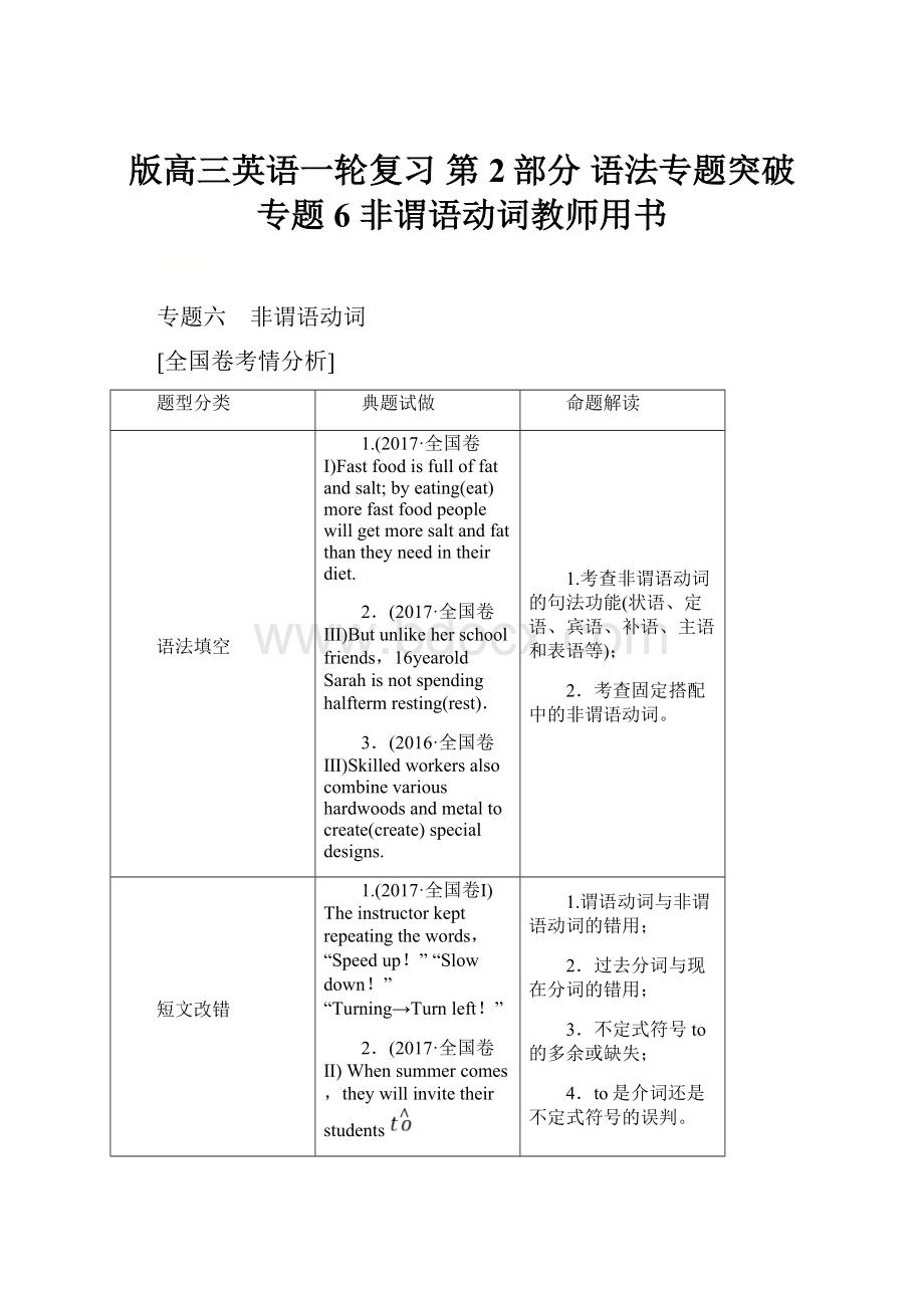 版高三英语一轮复习 第2部分 语法专题突破 专题6 非谓语动词教师用书.docx_第1页