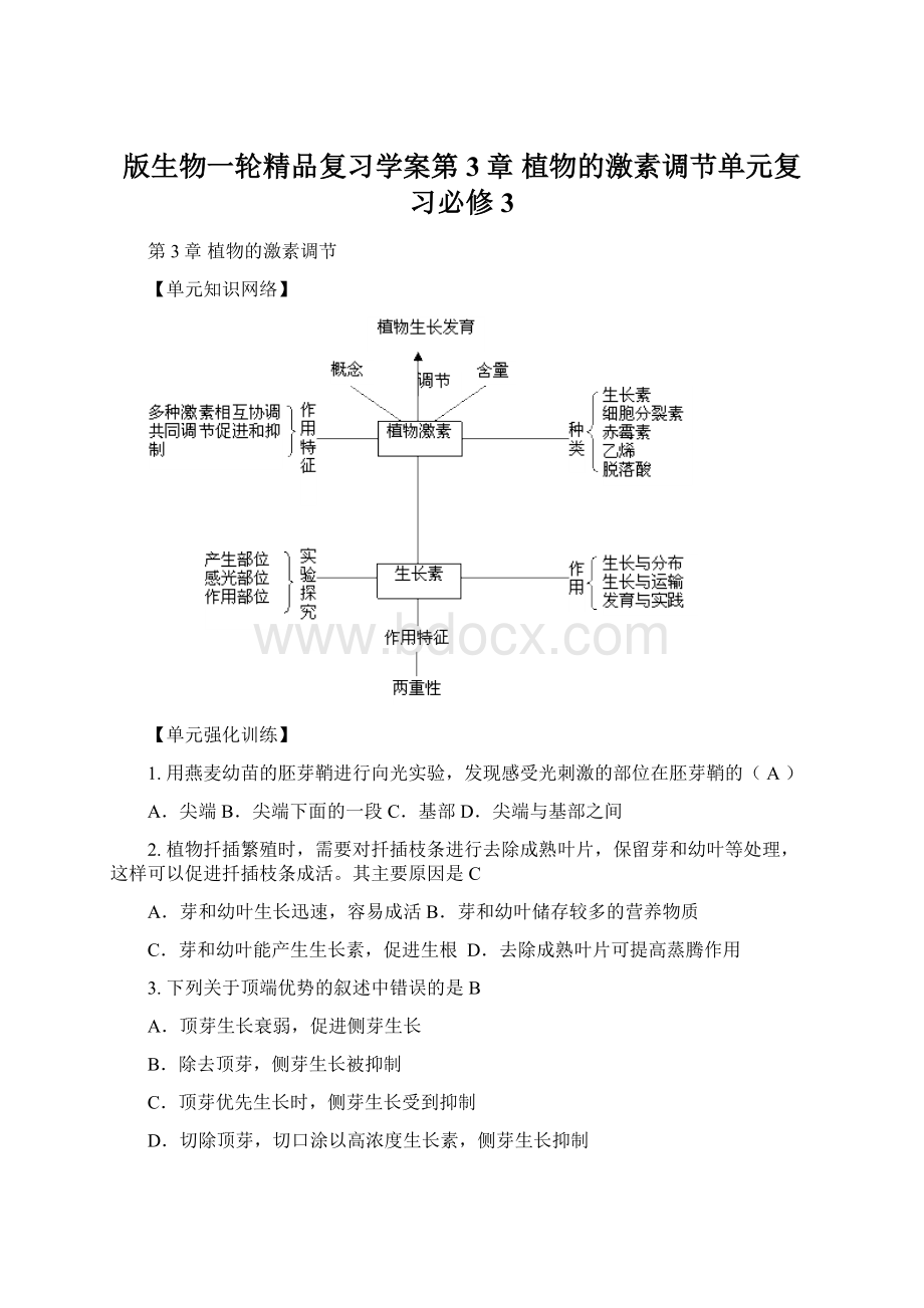 版生物一轮精品复习学案第3章 植物的激素调节单元复习必修3.docx