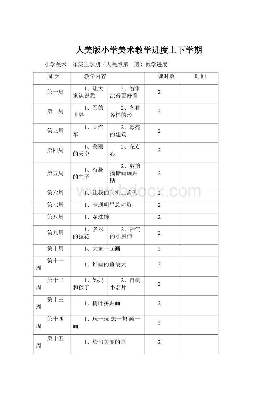 人美版小学美术教学进度上下学期.docx_第1页