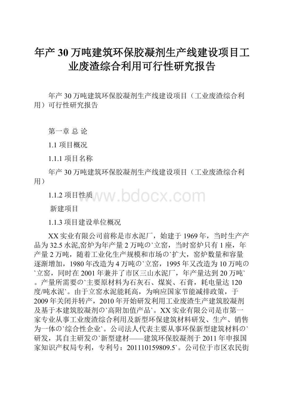 年产30万吨建筑环保胶凝剂生产线建设项目工业废渣综合利用可行性研究报告Word格式.docx_第1页