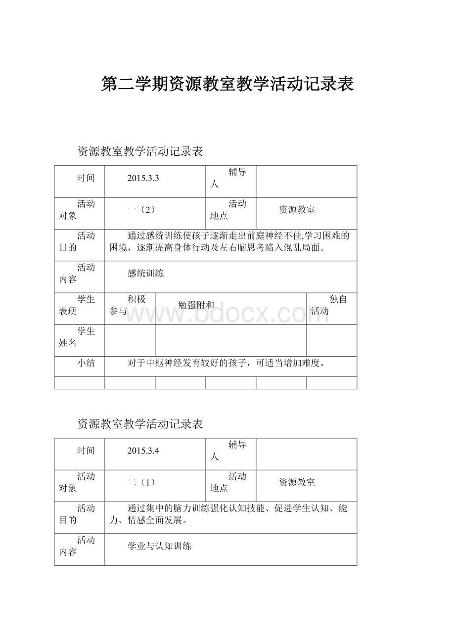 第二学期资源教室教学活动记录表.docx_第1页