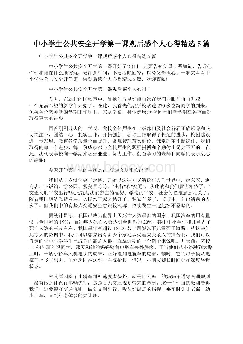 中小学生公共安全开学第一课观后感个人心得精选5篇Word文档格式.docx_第1页