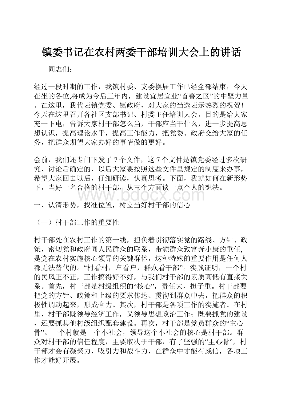 镇委书记在农村两委干部培训大会上的讲话文档格式.docx