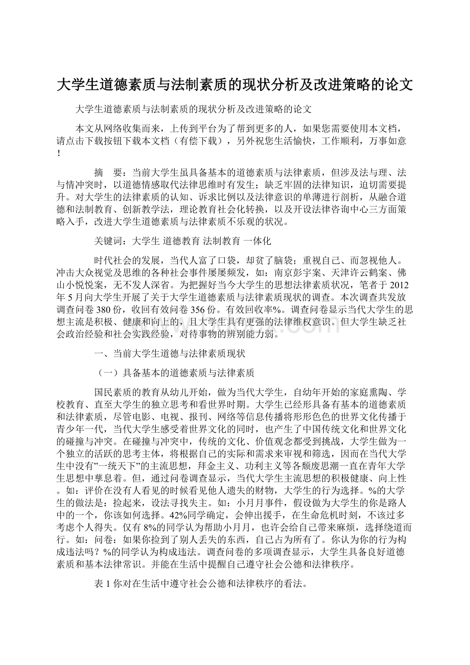 大学生道德素质与法制素质的现状分析及改进策略的论文.docx