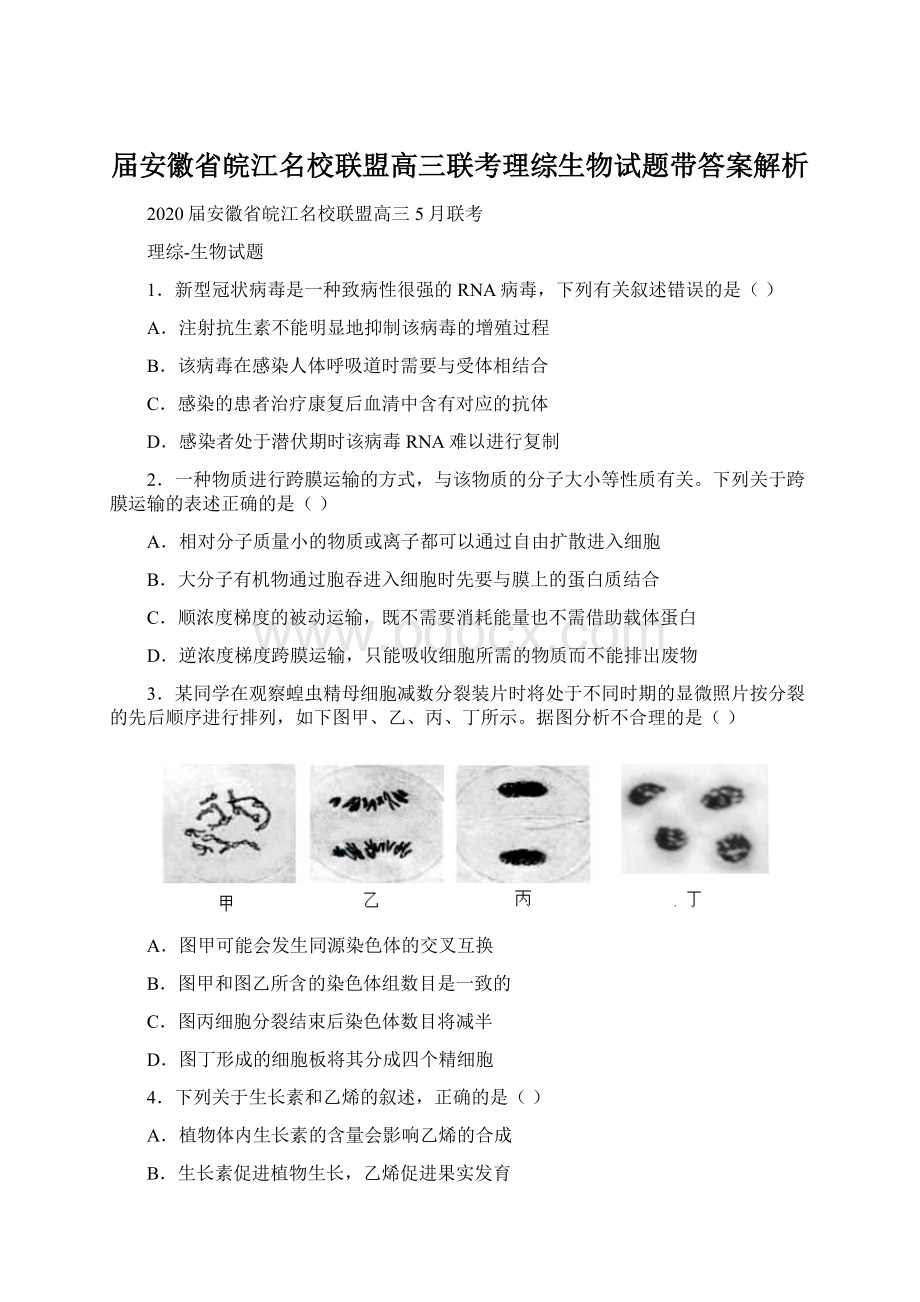 届安徽省皖江名校联盟高三联考理综生物试题带答案解析.docx