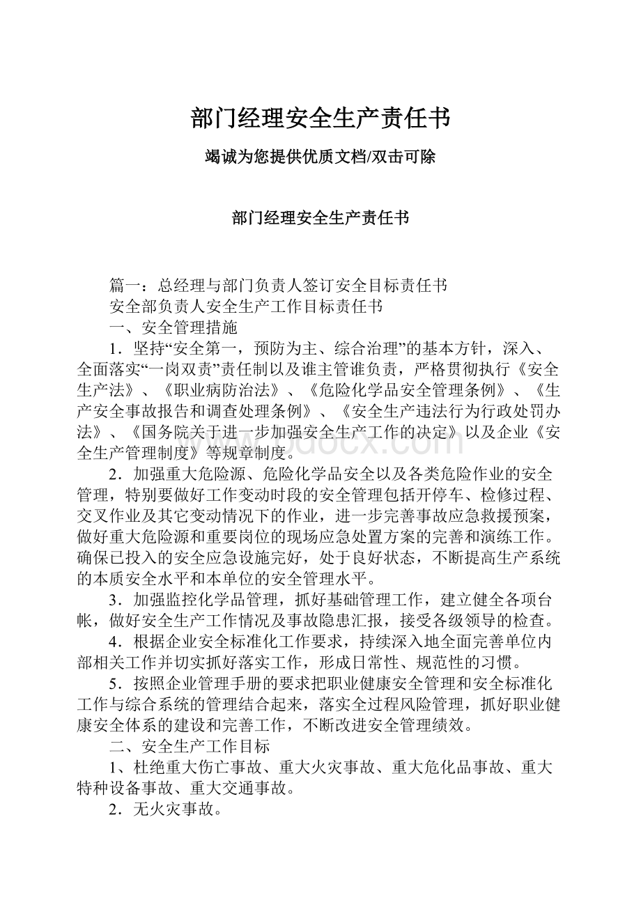 部门经理安全生产责任书文档格式.docx