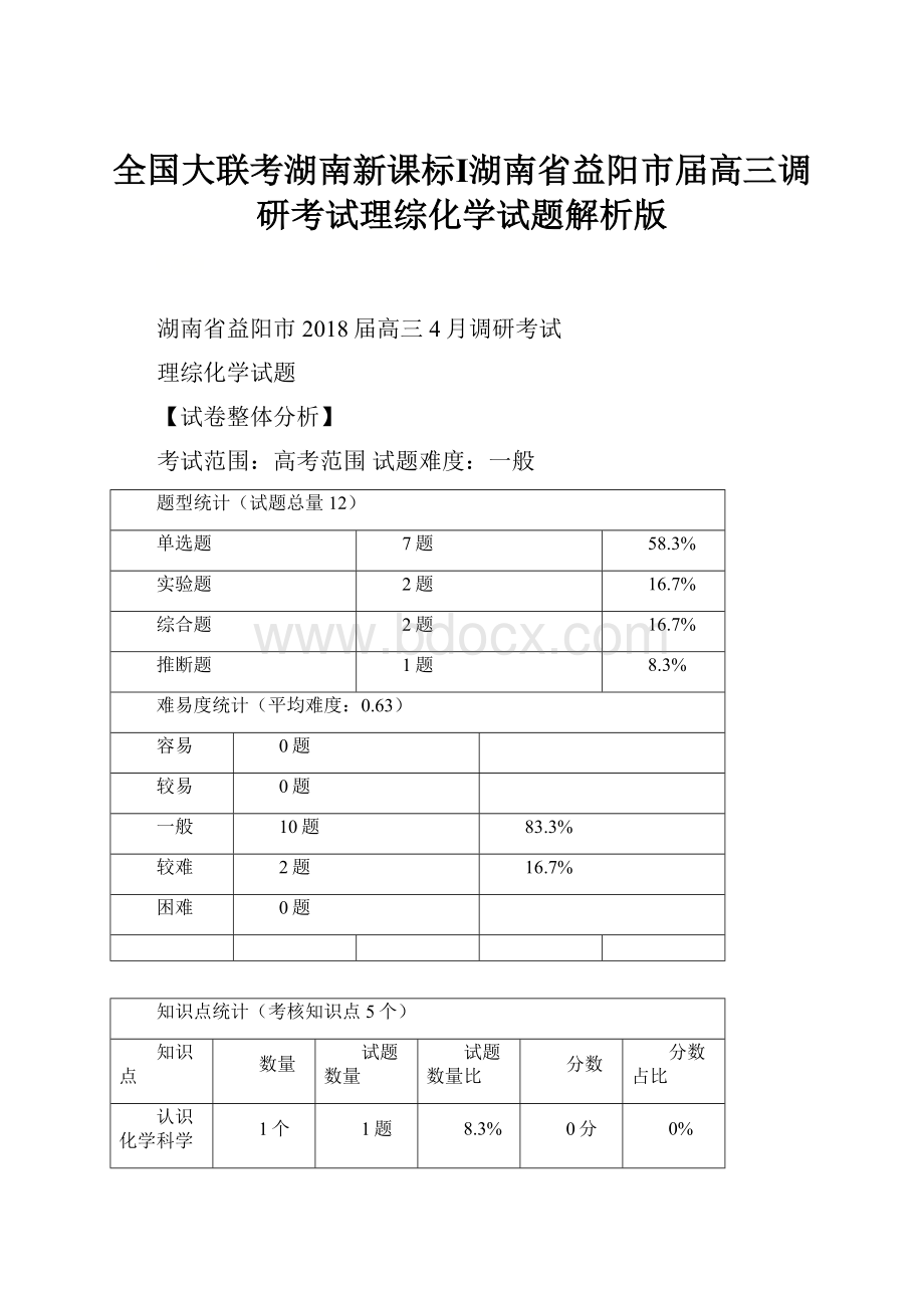 全国大联考湖南新课标Ⅰ湖南省益阳市届高三调研考试理综化学试题解析版.docx