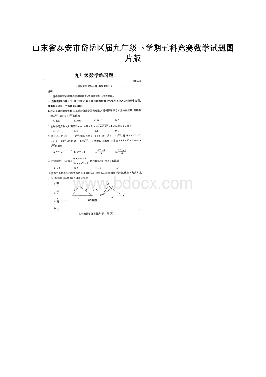 山东省泰安市岱岳区届九年级下学期五科竞赛数学试题图片版.docx