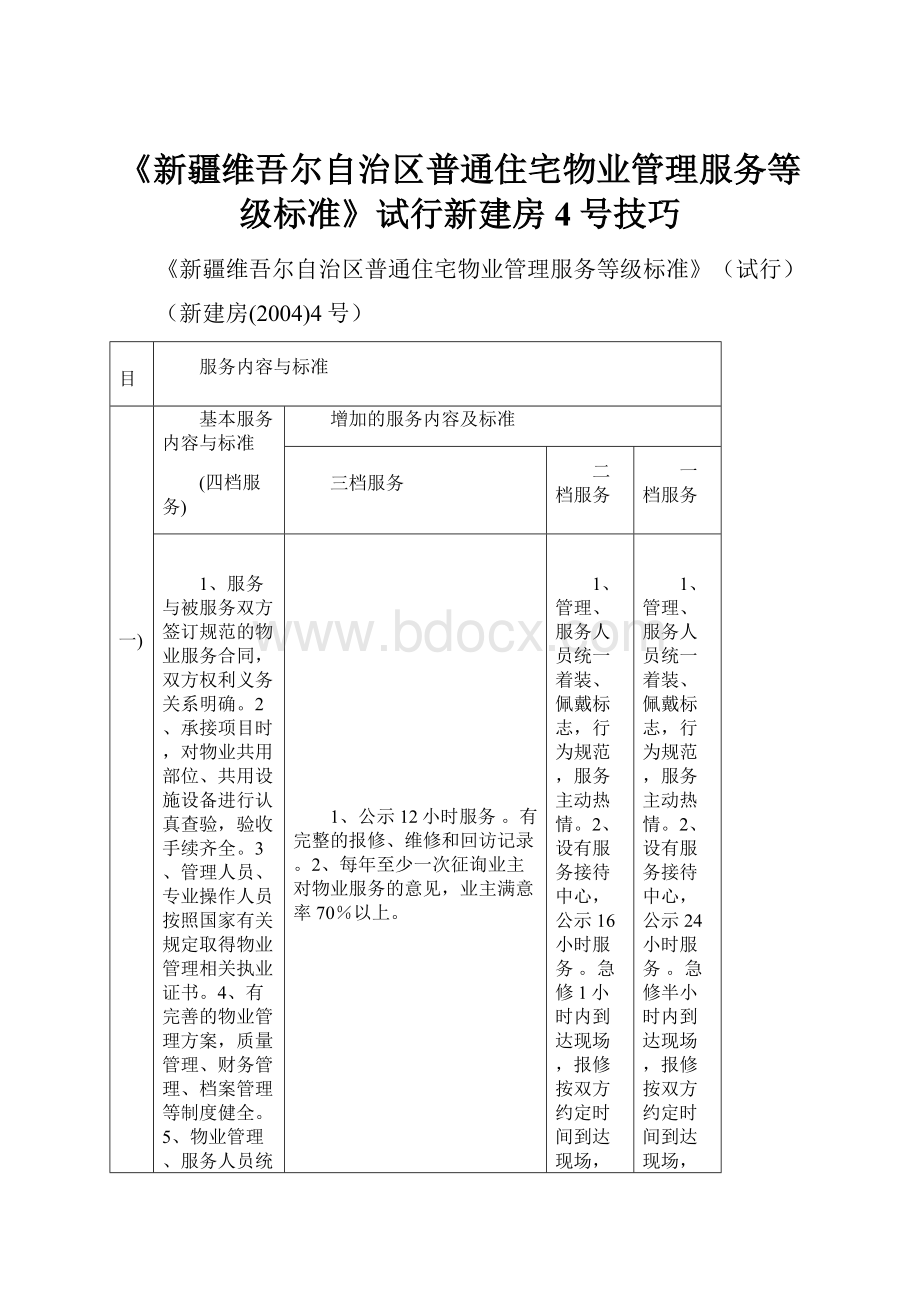 《新疆维吾尔自治区普通住宅物业管理服务等级标准》试行新建房4号技巧.docx_第1页