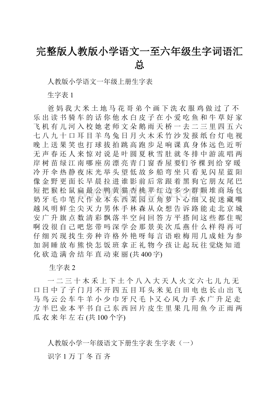 完整版人教版小学语文一至六年级生字词语汇总.docx