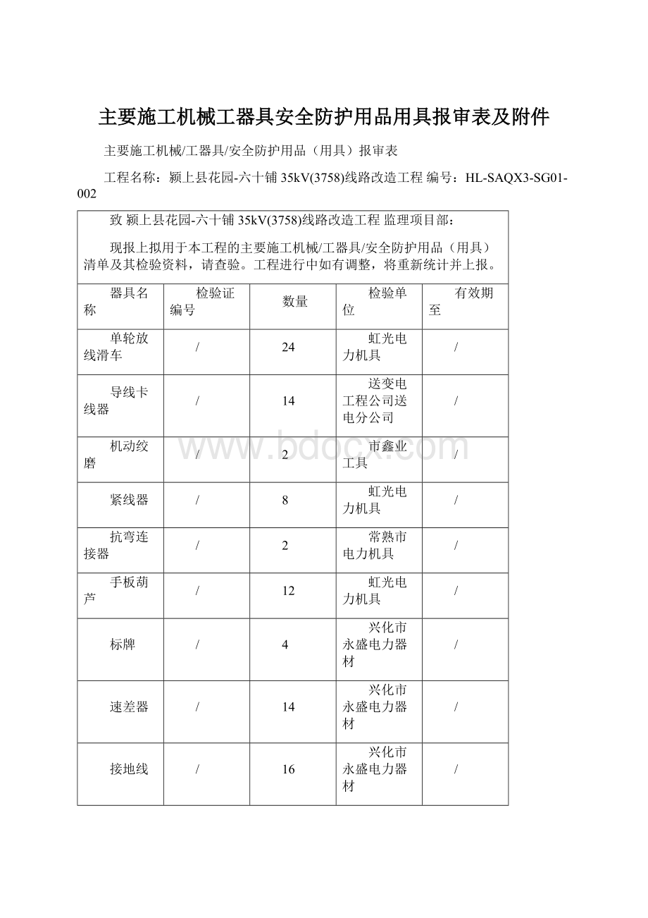 主要施工机械工器具安全防护用品用具报审表及附件.docx_第1页