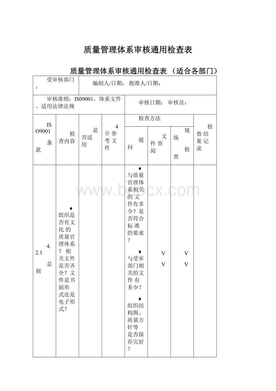 质量管理体系审核通用检查表Word文档格式.docx