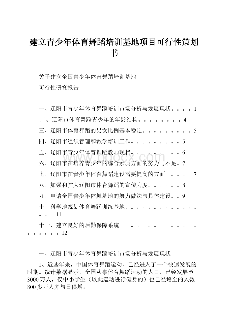 建立青少年体育舞蹈培训基地项目可行性策划书文档格式.docx