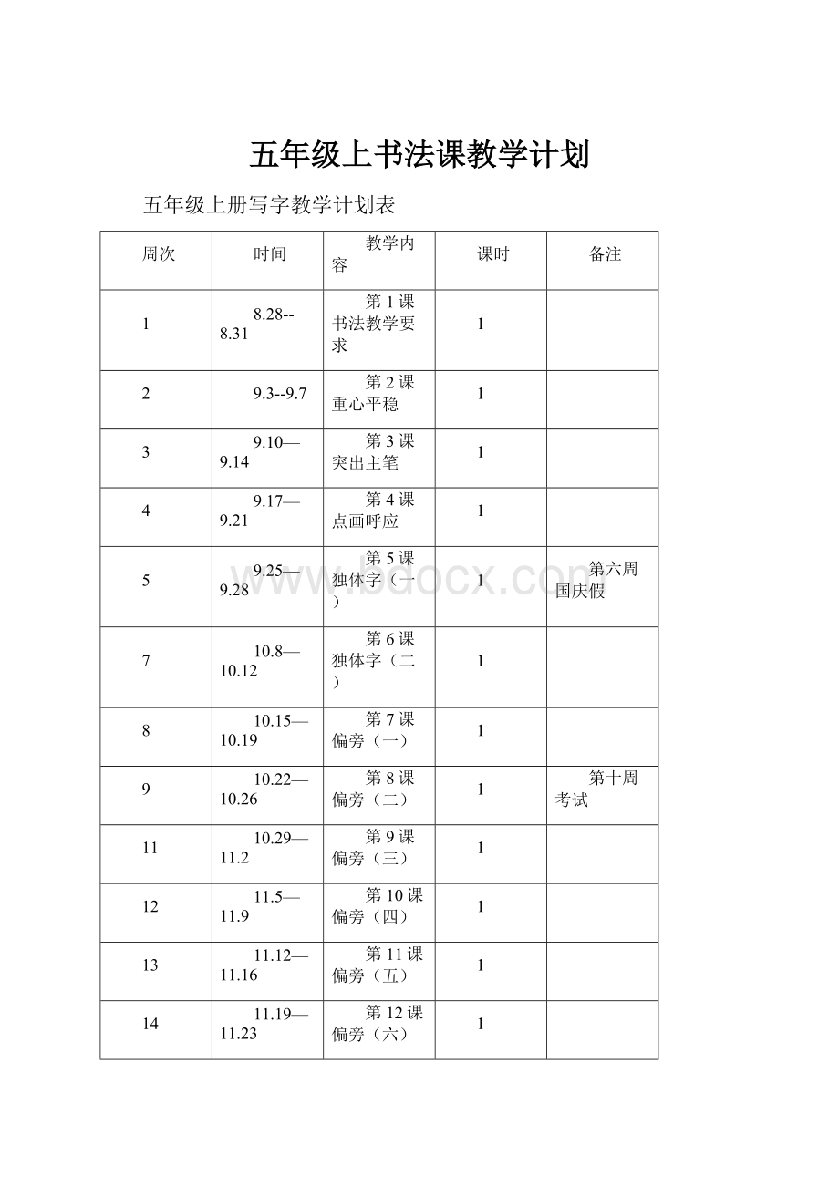 五年级上书法课教学计划.docx_第1页