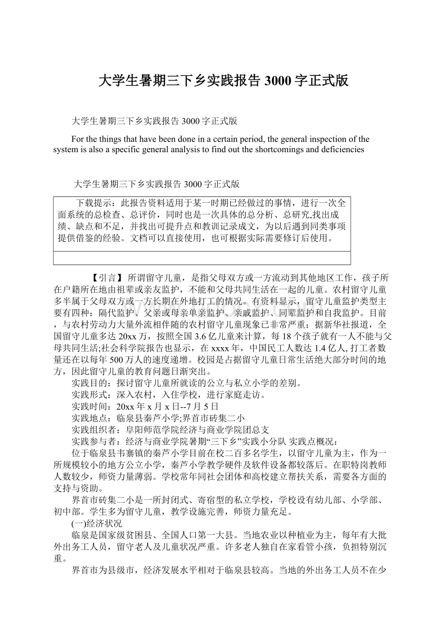 大学生暑期三下乡实践报告3000字正式版.docx_第1页