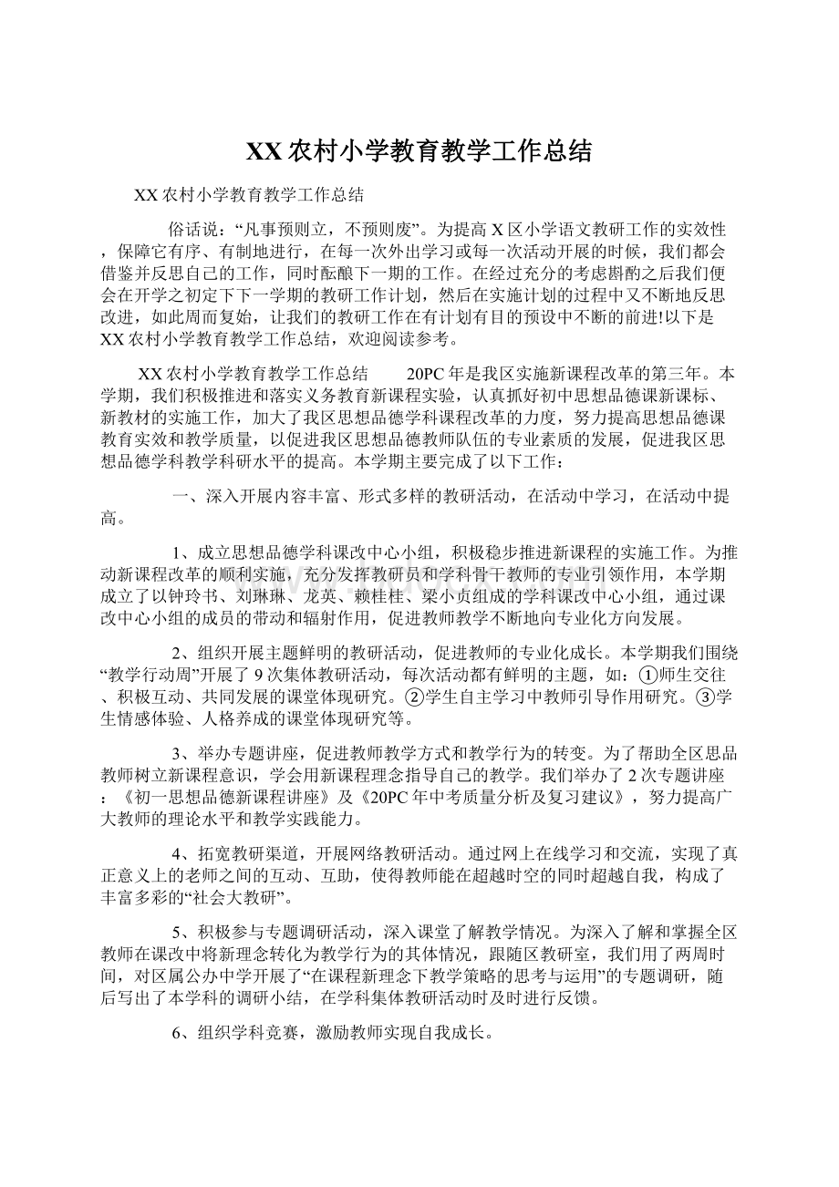 XX农村小学教育教学工作总结.docx