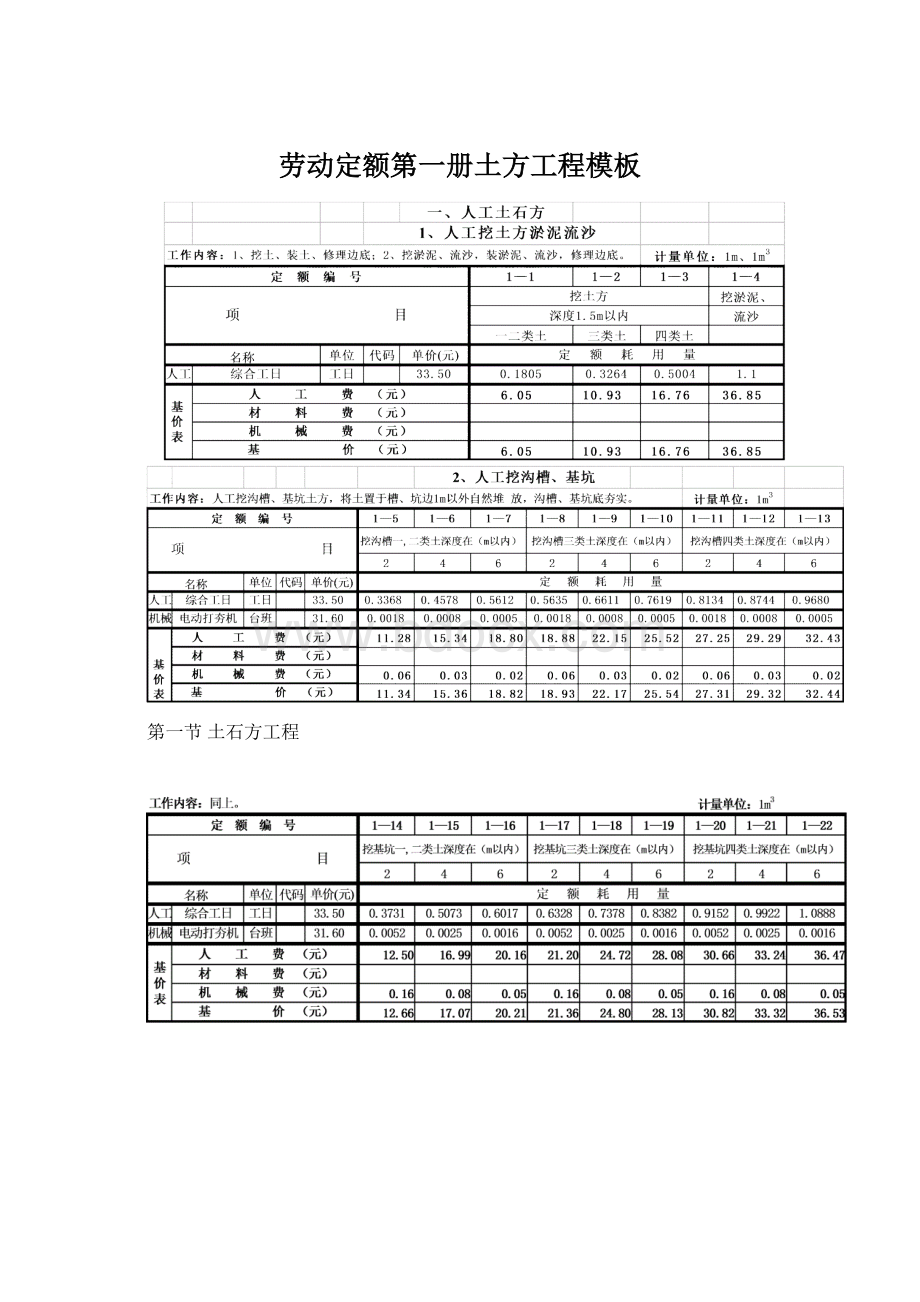 劳动定额第一册土方工程模板.docx_第1页