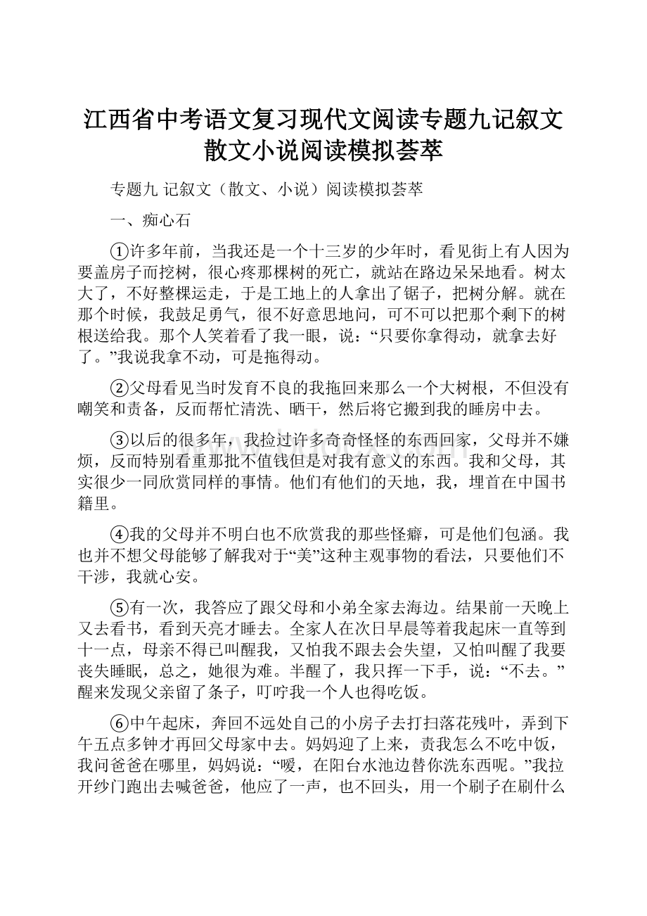 江西省中考语文复习现代文阅读专题九记叙文散文小说阅读模拟荟萃.docx