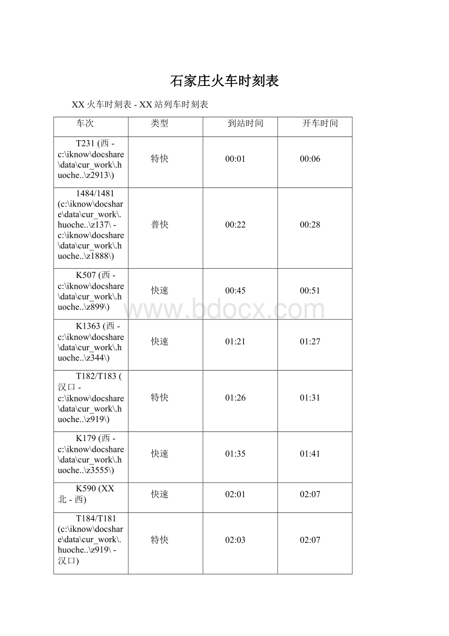 石家庄火车时刻表文档格式.docx_第1页