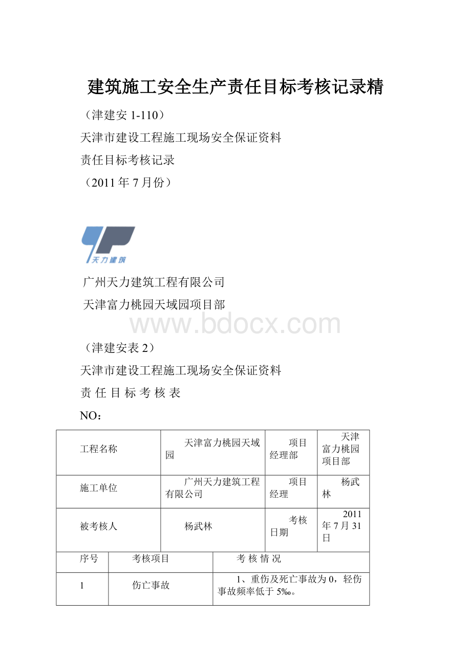 建筑施工安全生产责任目标考核记录精Word文档下载推荐.docx