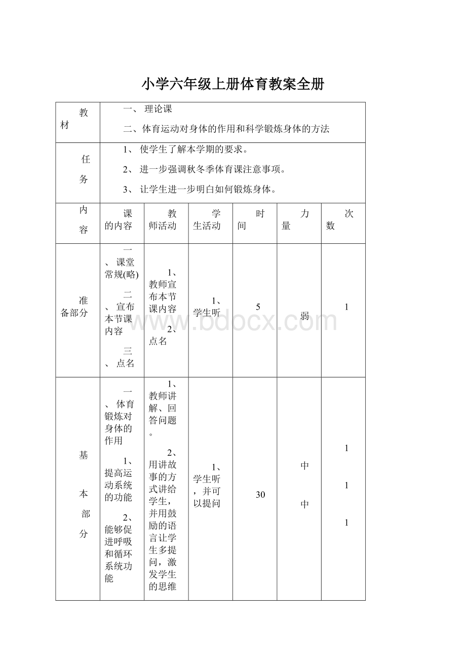 小学六年级上册体育教案全册.docx_第1页