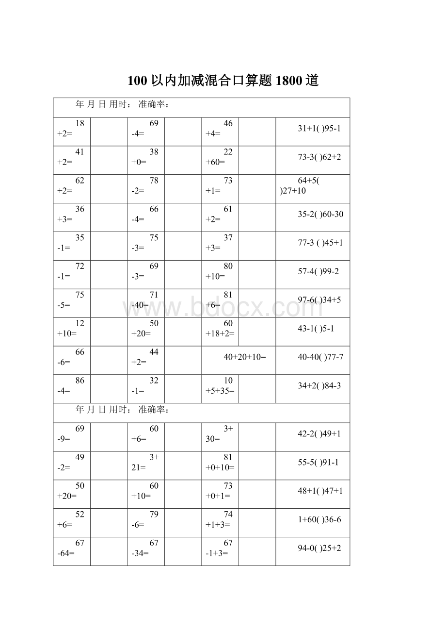 100以内加减混合口算题1800道Word格式.docx_第1页