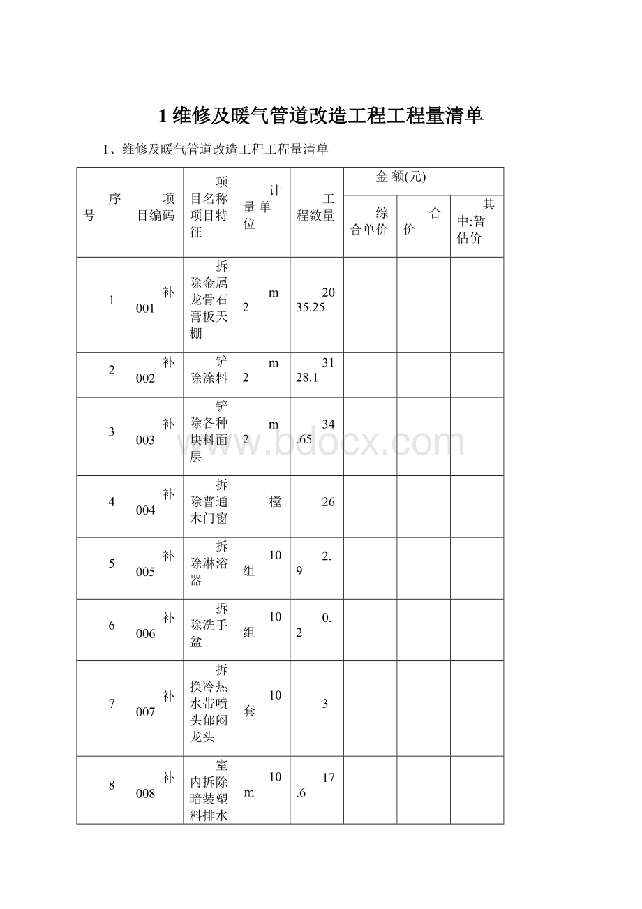 1维修及暖气管道改造工程工程量清单.docx_第1页