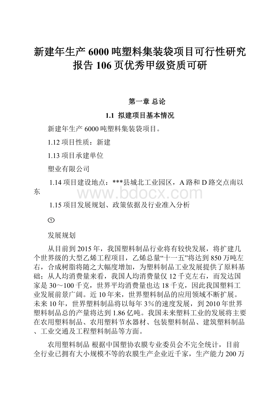 新建年生产6000吨塑料集装袋项目可行性研究报告106页优秀甲级资质可研.docx_第1页