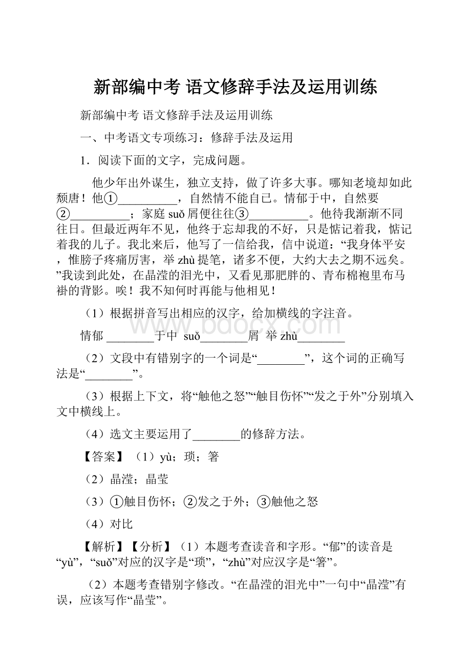 新部编中考 语文修辞手法及运用训练Word格式.docx