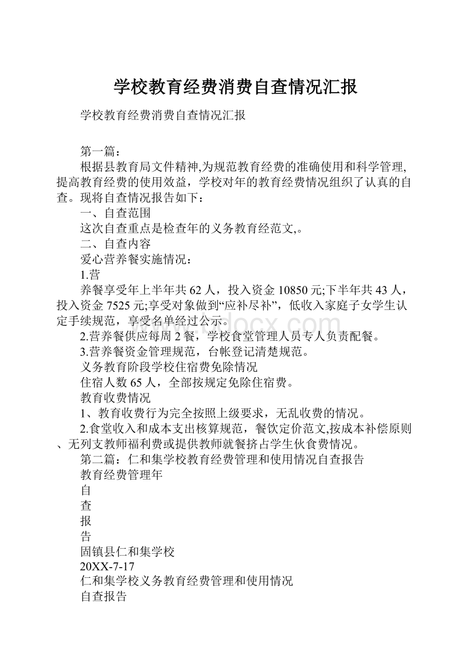 学校教育经费消费自查情况汇报Word下载.docx