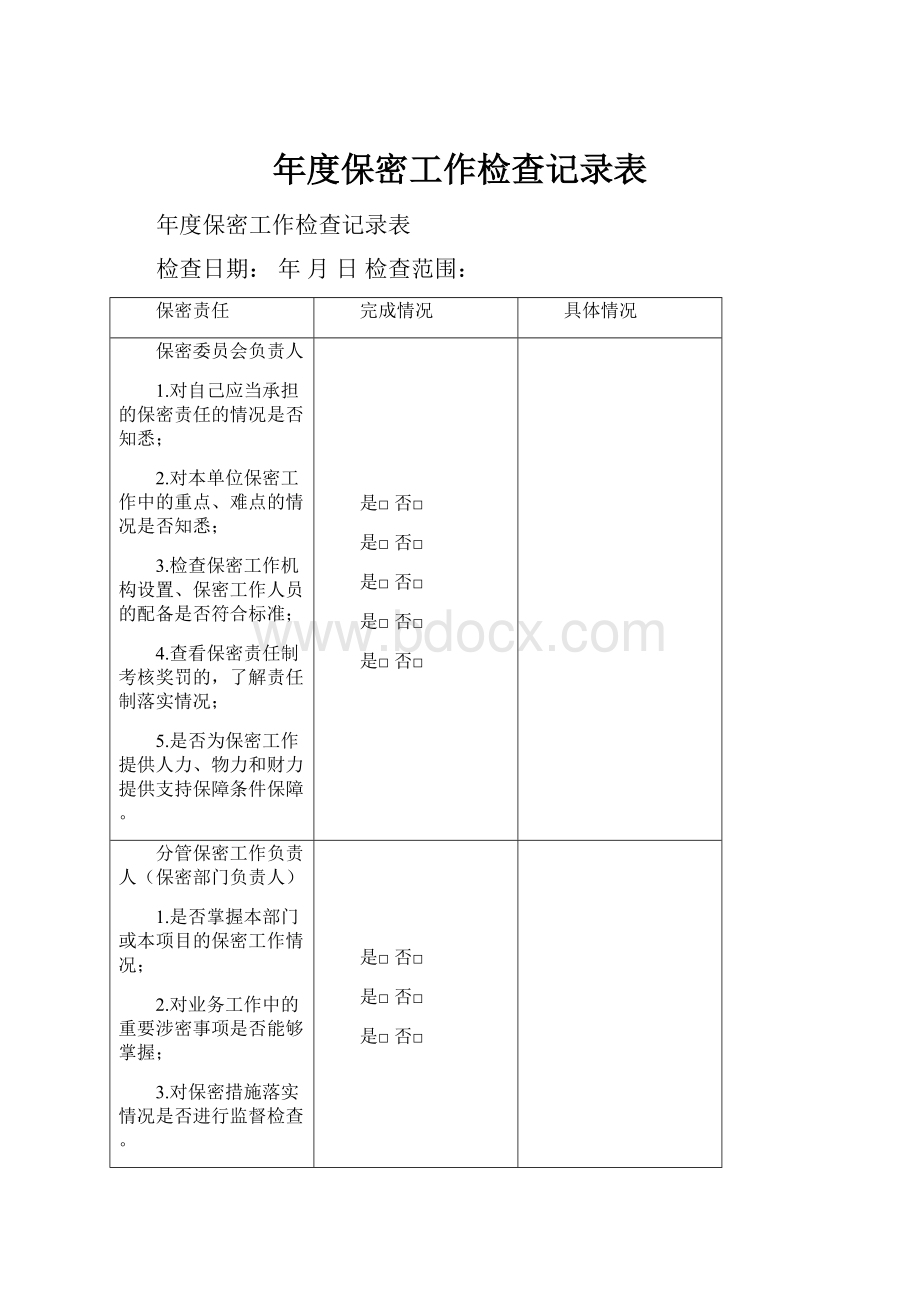 年度保密工作检查记录表.docx_第1页