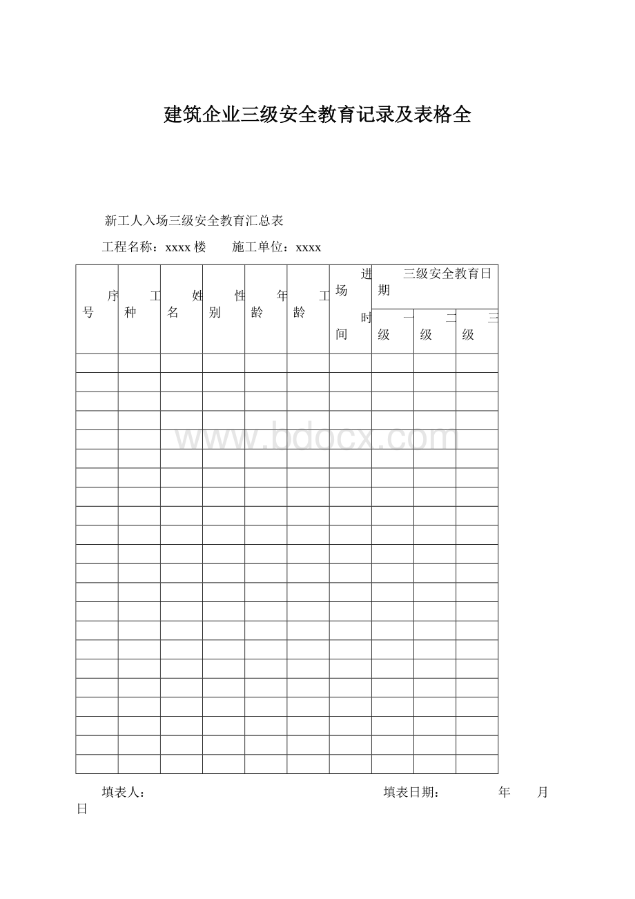 建筑企业三级安全教育记录及表格全.docx_第1页