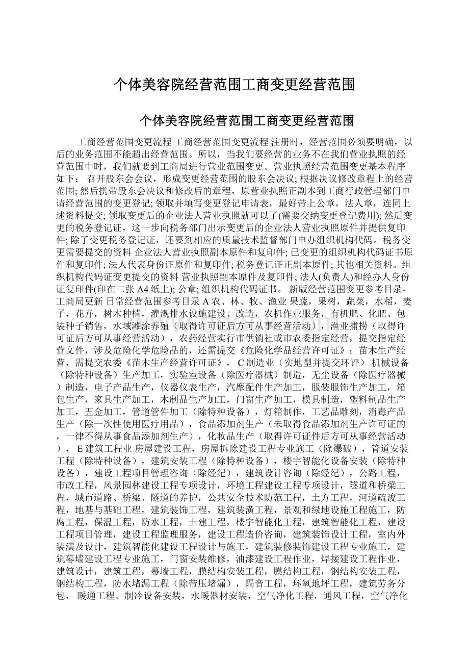 个体美容院经营范围工商变更经营范围Word格式.docx