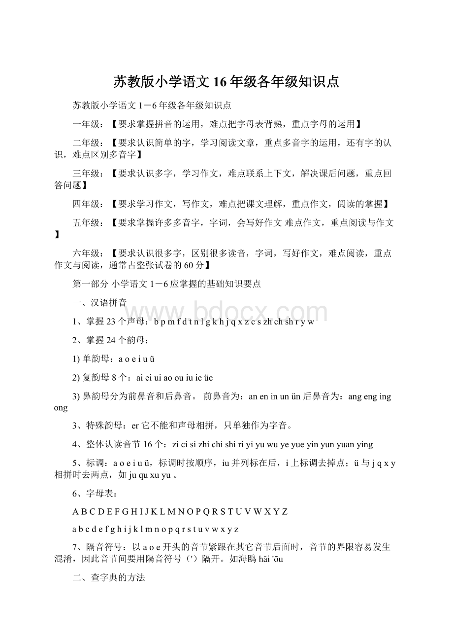 苏教版小学语文16年级各年级知识点.docx