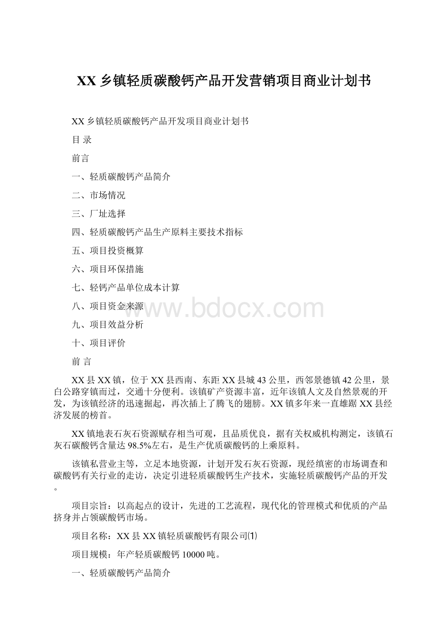 XX乡镇轻质碳酸钙产品开发营销项目商业计划书.docx