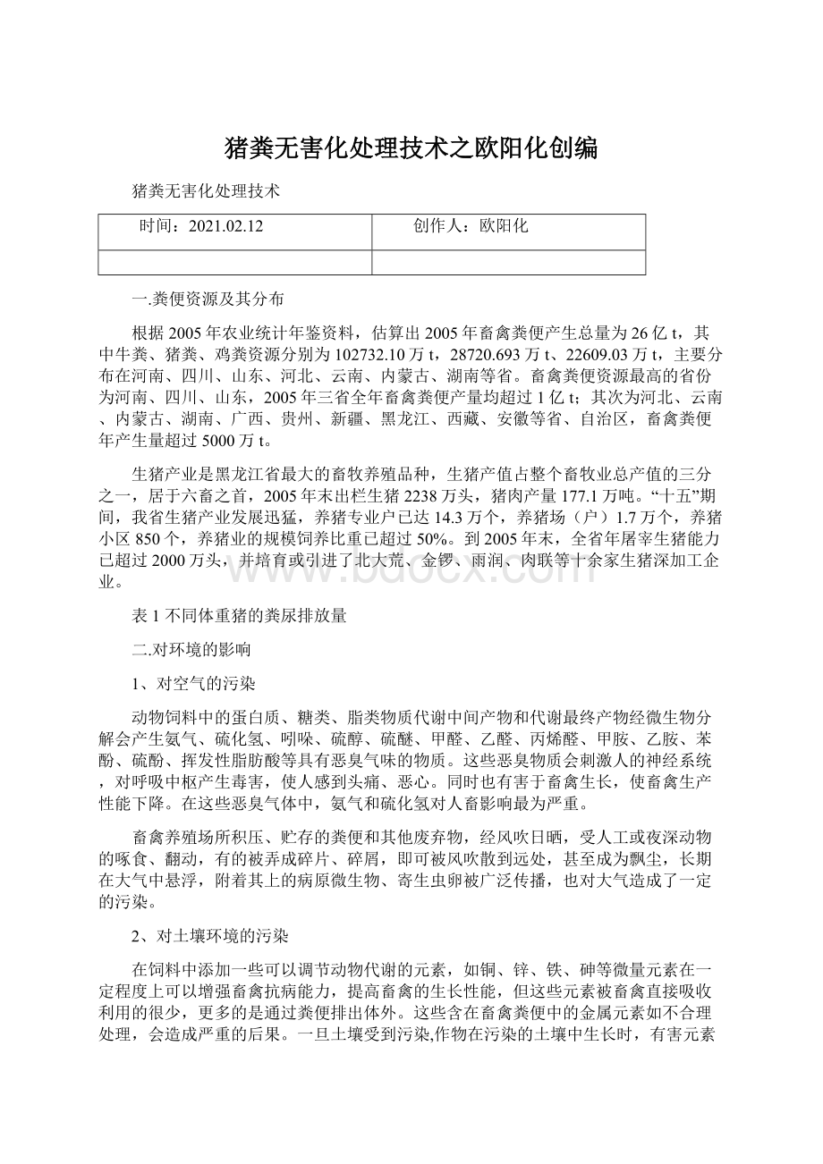 猪粪无害化处理技术之欧阳化创编Word格式.docx