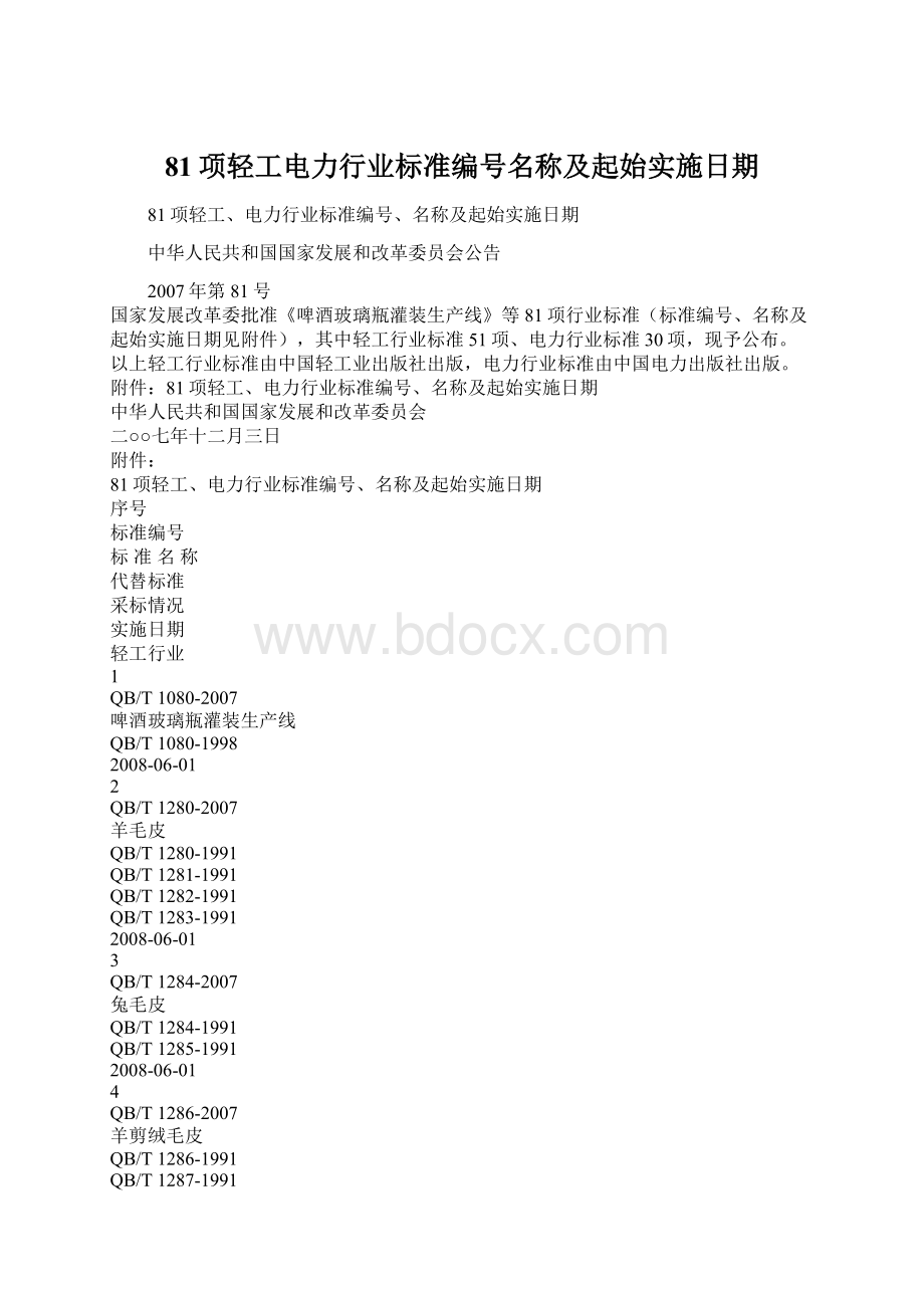 81项轻工电力行业标准编号名称及起始实施日期.docx