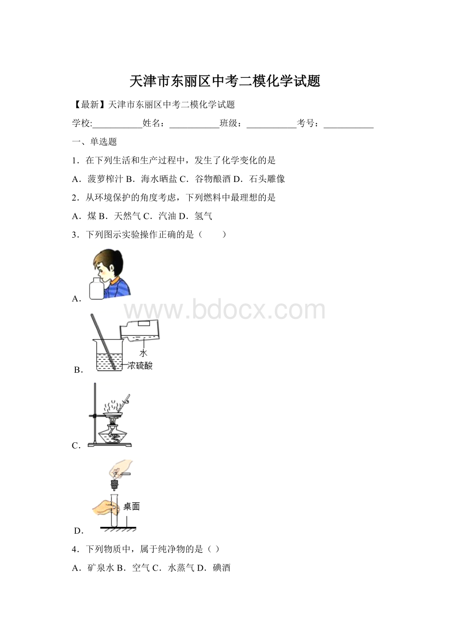 天津市东丽区中考二模化学试题Word格式文档下载.docx