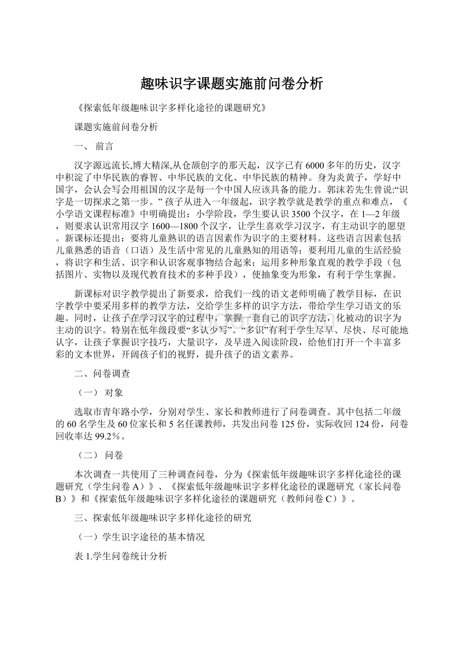 趣味识字课题实施前问卷分析.docx