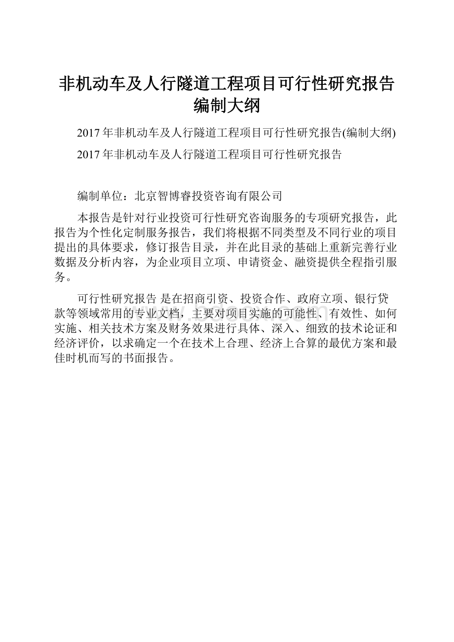 非机动车及人行隧道工程项目可行性研究报告编制大纲Word下载.docx_第1页