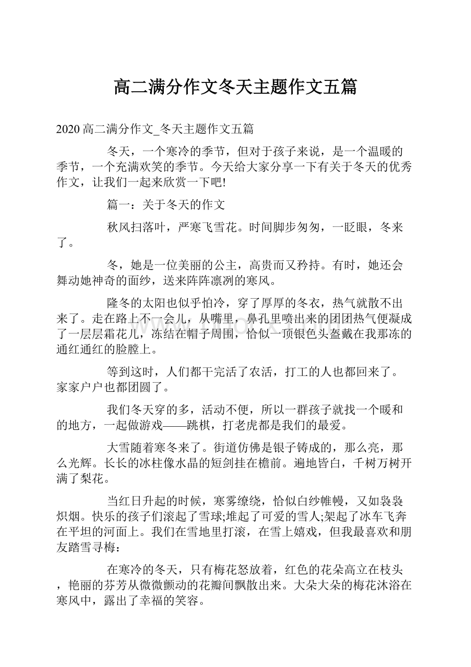 高二满分作文冬天主题作文五篇Word文件下载.docx