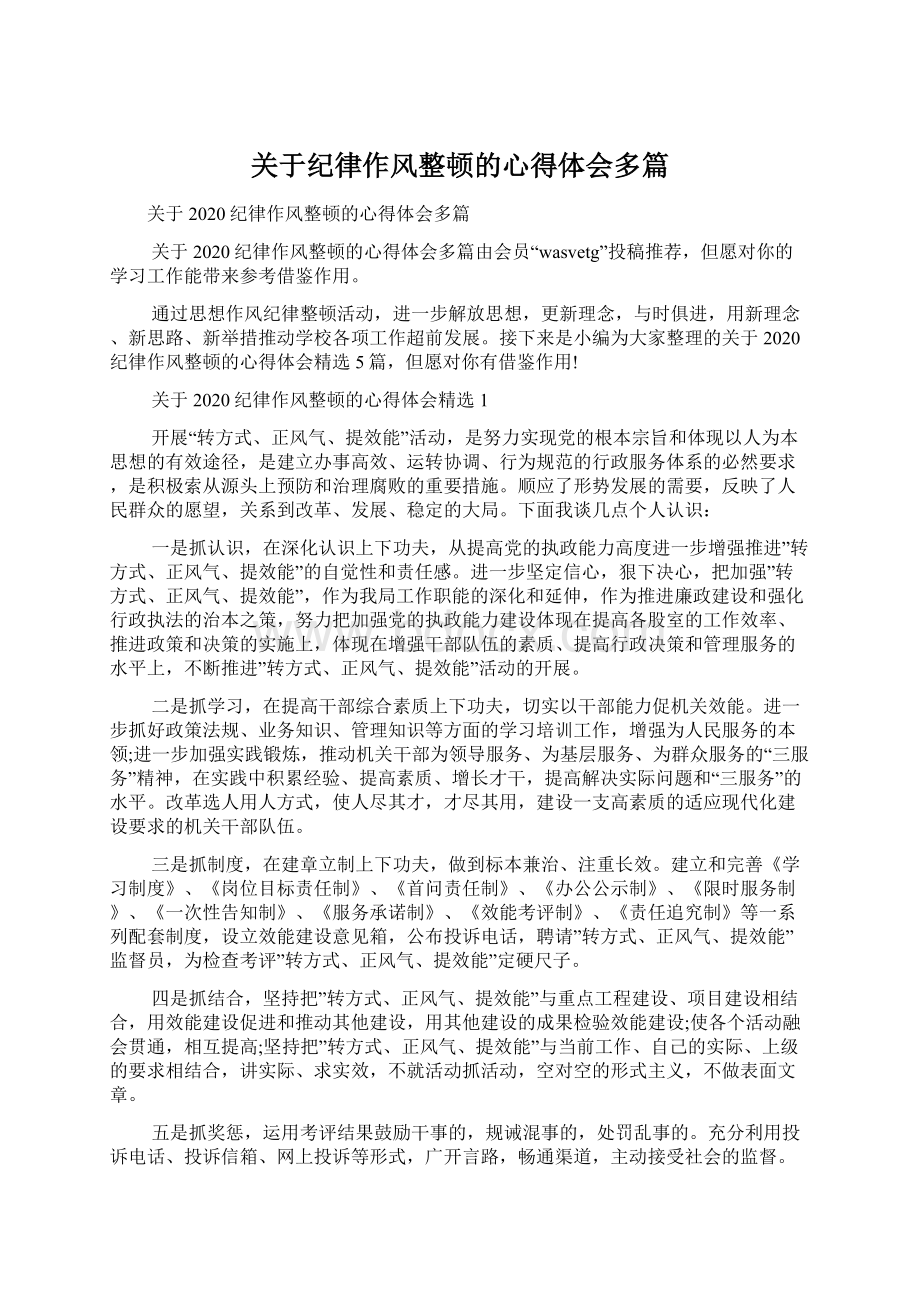 关于纪律作风整顿的心得体会多篇Word文档格式.docx