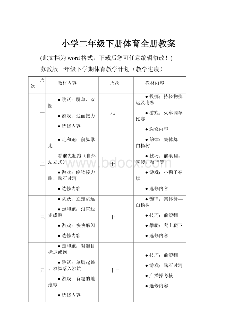 小学二年级下册体育全册教案文档格式.docx